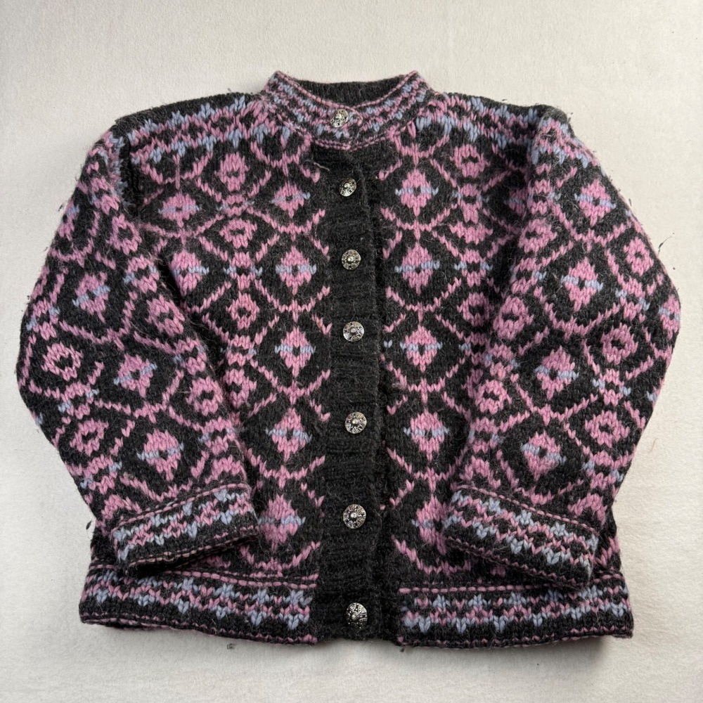 Icelandic Design Mens M Pink Charcoal 100% Lopi Wool Handknit Cardigan Sweater